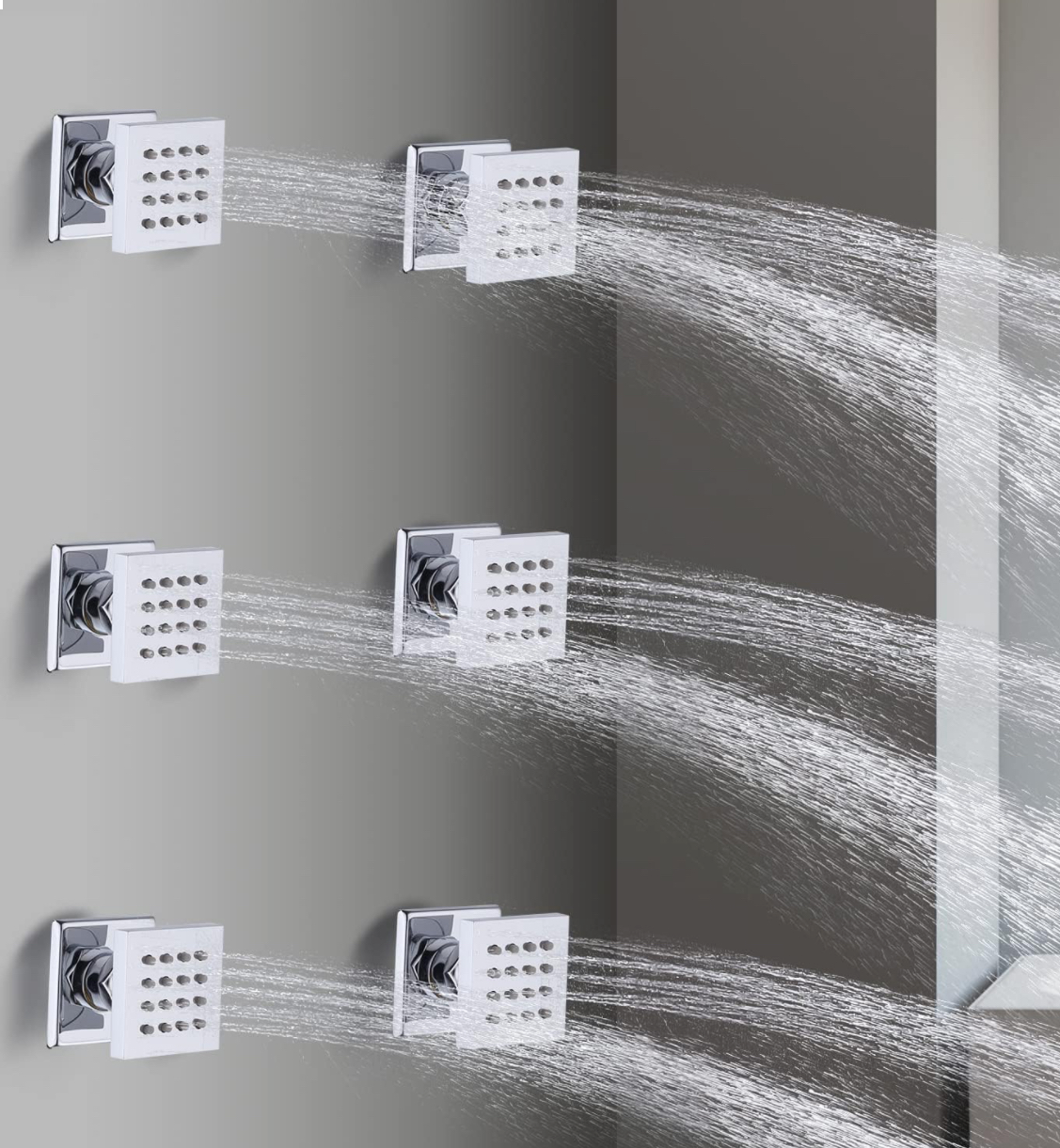 Chrome shower system featuring 6 body jets for full body massage coverage