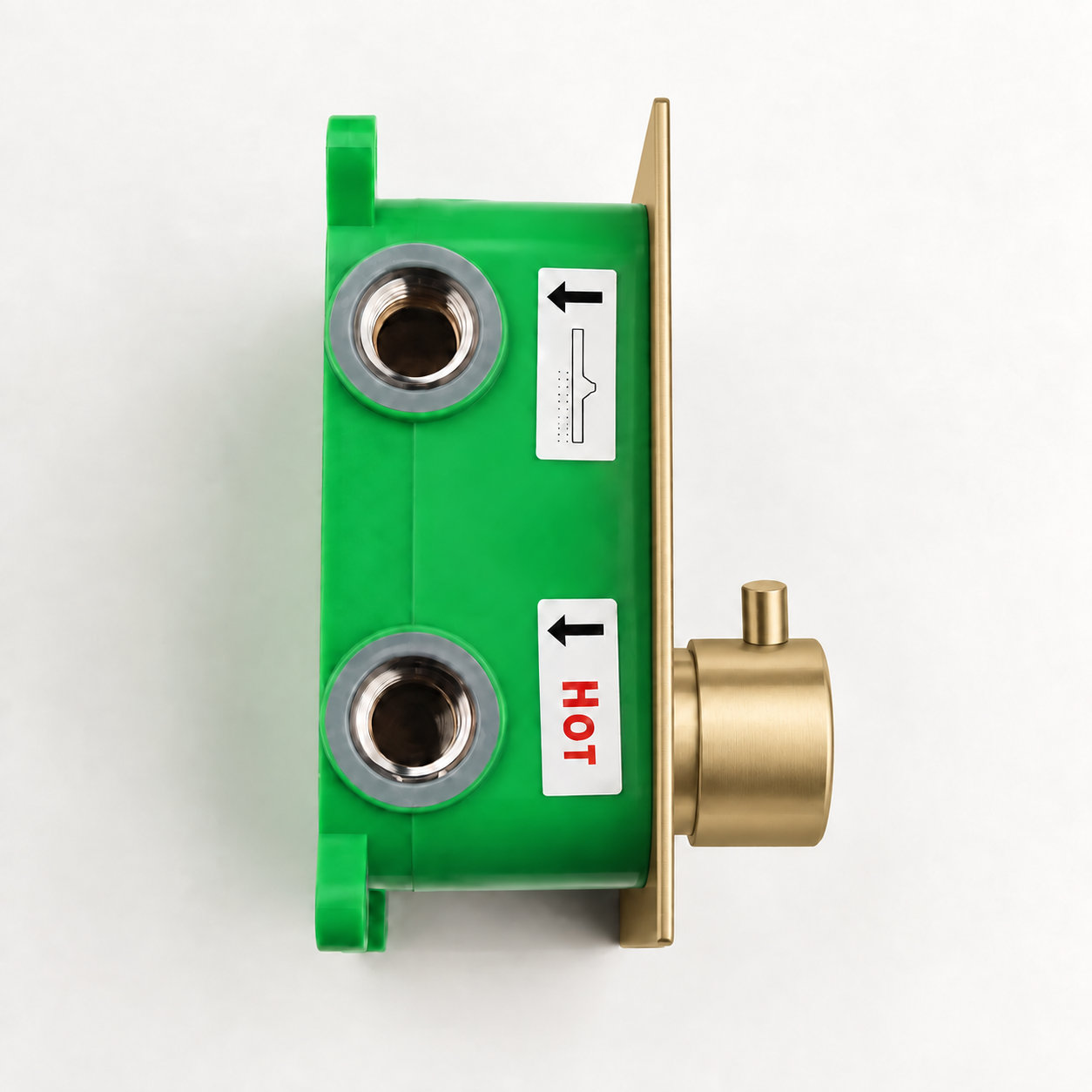 Front view of a 2-function thermostatic shower valve rough-in with brushed gold temperature knob and exposed valve components inside a green ABS box.