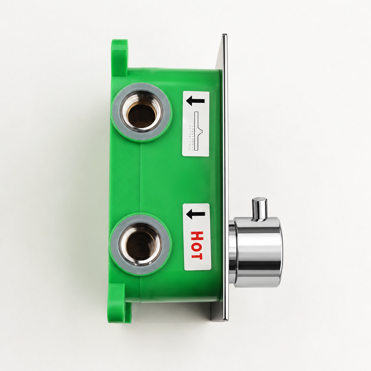 Side view of a 2-function thermostatic shower valve with chrome faceplate and temperature knob, green ABS rough-in box and threaded water connections.