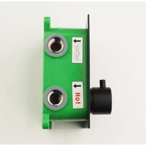 Side view of a 2-function thermostatic shower valve with matte black faceplate and temperature knob, green ABS rough-in box and threaded water connections.