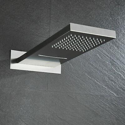 Brushed nickel shower system showing waterfall and rainfall water flow