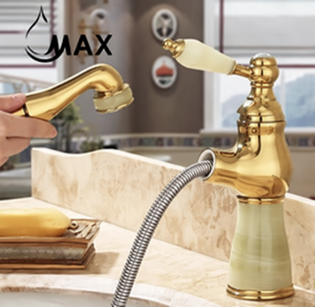 Close-up of a single-handle gold pull-out bathroom faucet with marble-look details