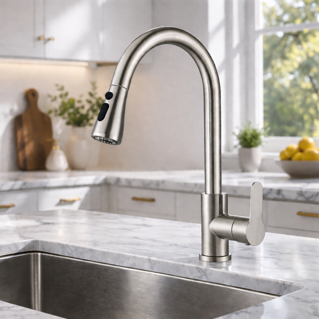 Single handle pull-out kitchen faucet 16 inch brushed nickel finish