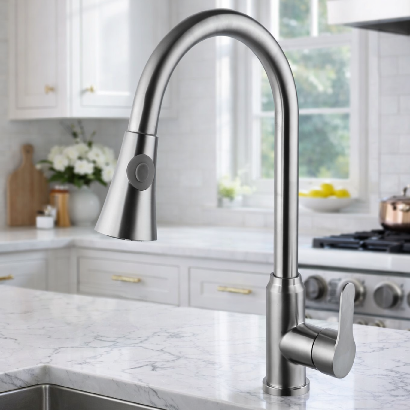 Single handle pull-out kitchen faucet in brushed nickel finish