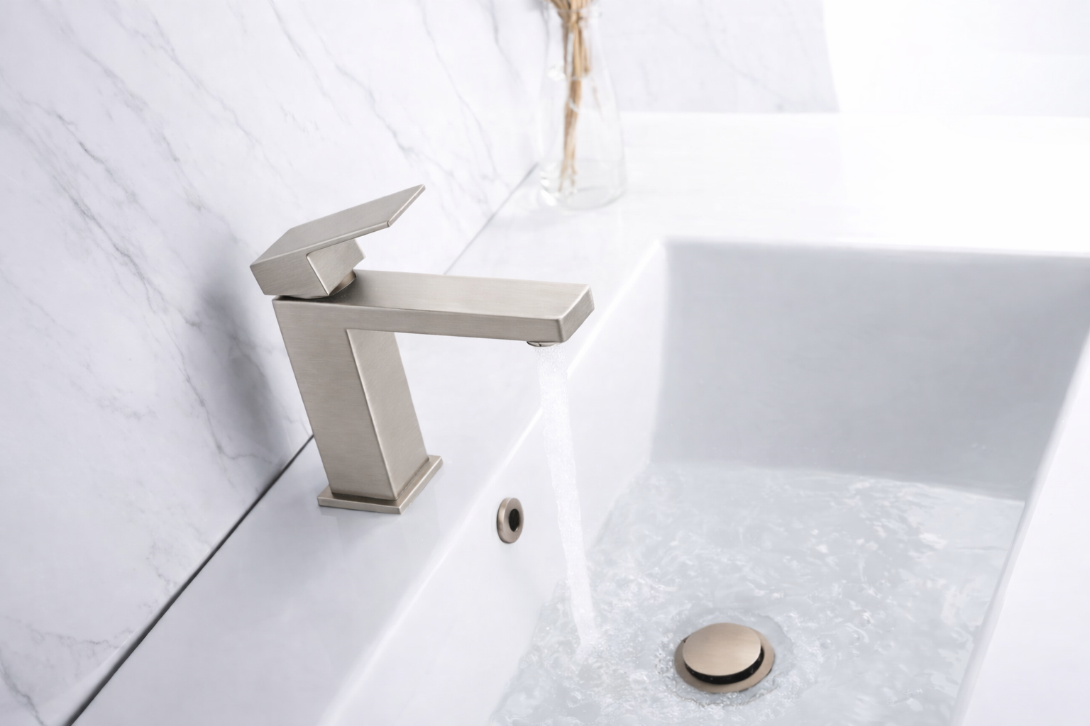 MAX Faucets single hole bathroom faucet in brushed nickel finish featuring square spout
