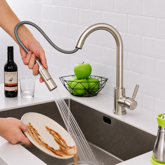 Person washing a plate under a kitchen faucet with apples on the counter.