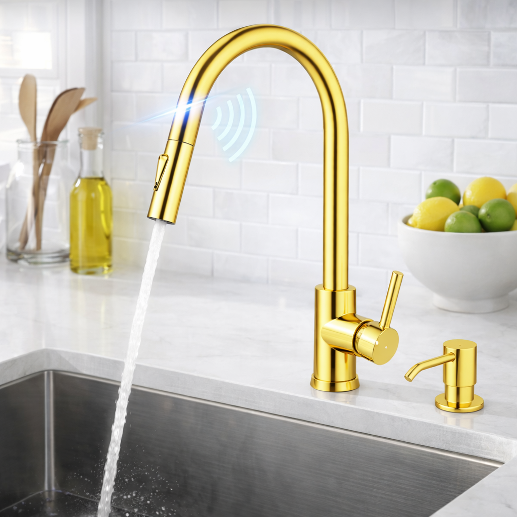 Smart touch kitchen faucet in gold with pull-out spray and single handle