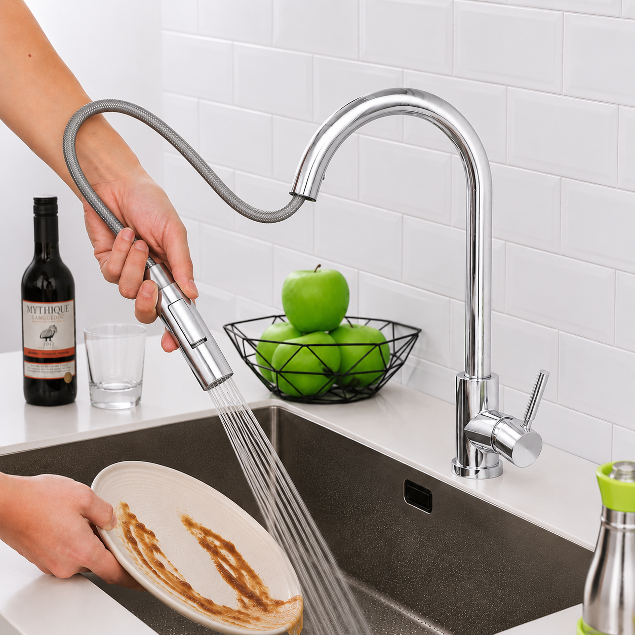 Sensor pull-out spray kitchen faucet with water flowing over kiwis on a sink.