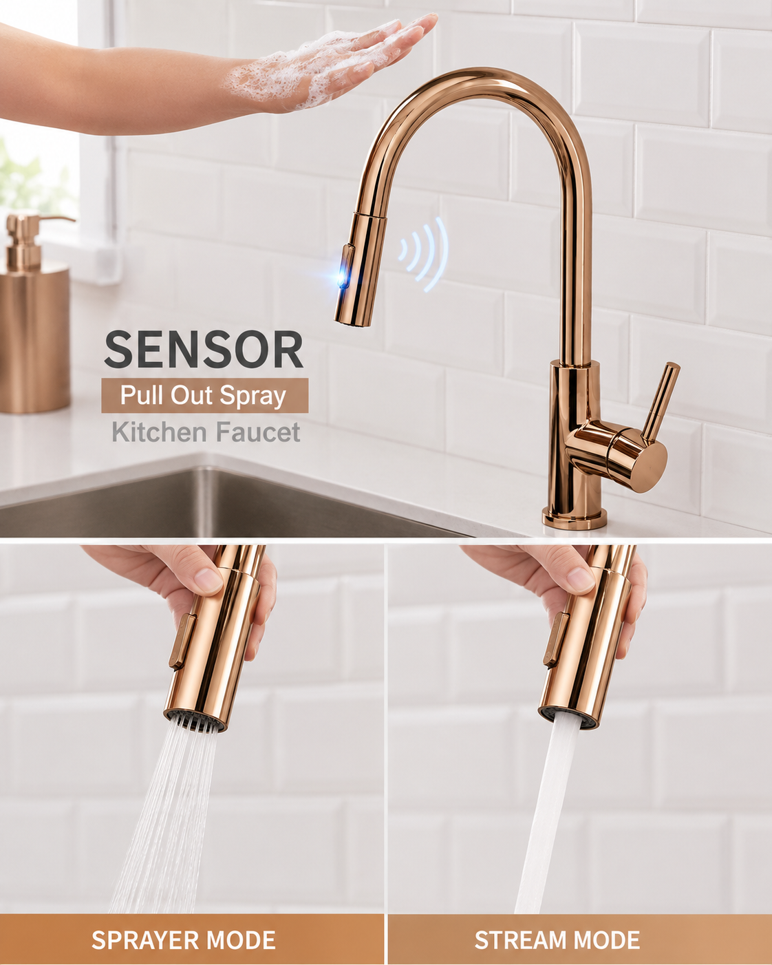 Hand activating the touch sensor on a rose gold smart kitchen faucet.