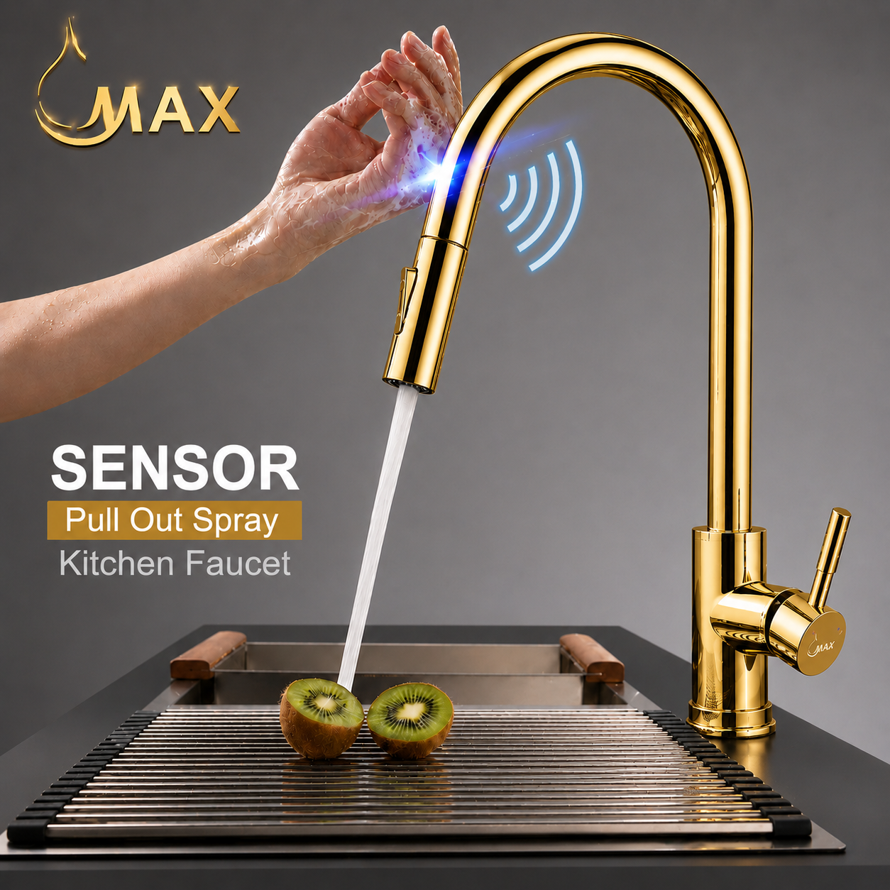 MAX Faucets Smart Touch kitchen faucet in polished shiny gold finish with pull-out sprayer