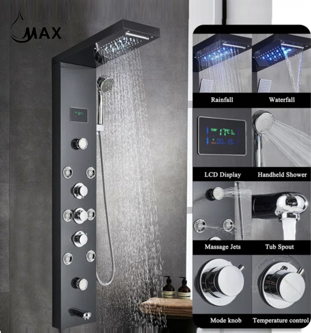 Thermostatic Rainfall Shower Panel System 6 Function with 8 Massage Jets and Handheld Black Finish