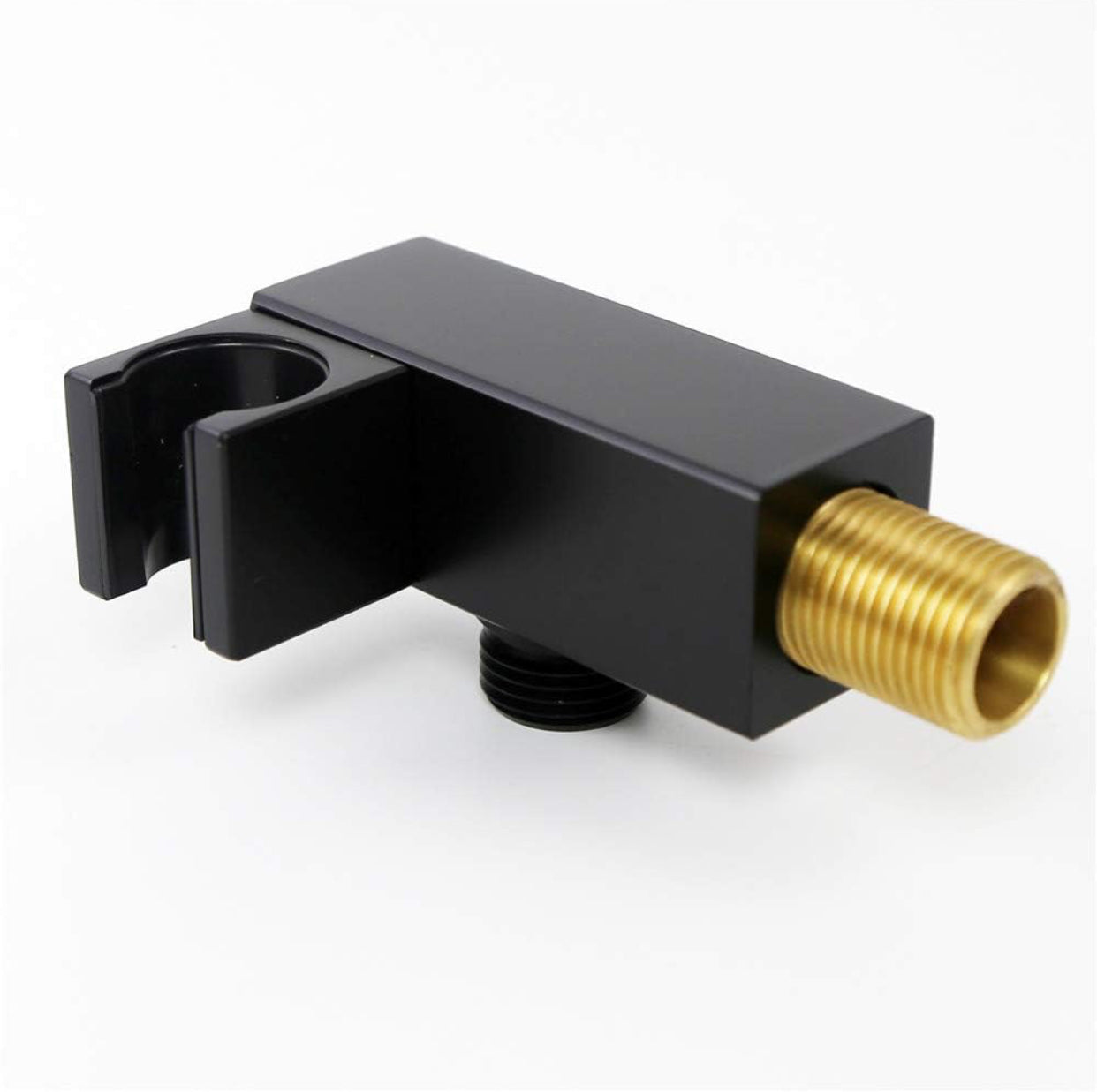 Close-up of matte black square shower outlet elbow holder detail