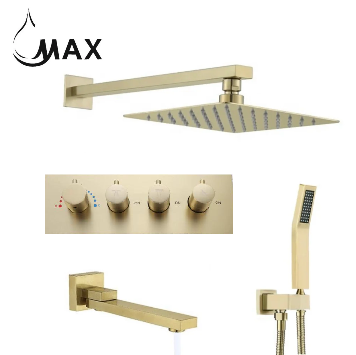 Luxury Brushed Gold Thermostatic Shower System – 3 Function Shower Set with Pressure Balance Valve & Knob Control | MAX Faucets