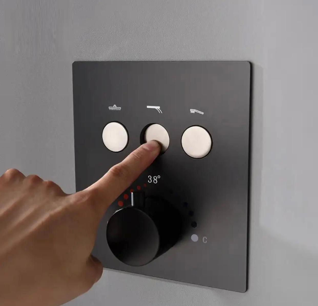 Thermostatic pressure balance shower valve with push button controls in matte black