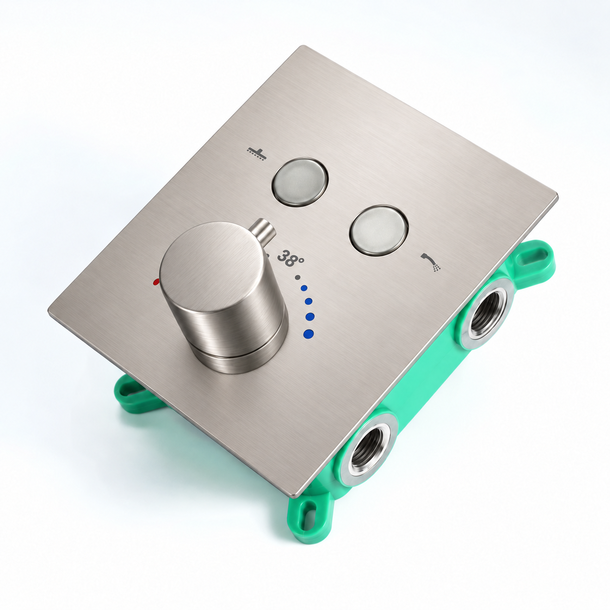 A square brushed stainless steel shower valve trim plate with a central rotary knob, two round buttons, and a green plastic mounting base, shown on a white background.