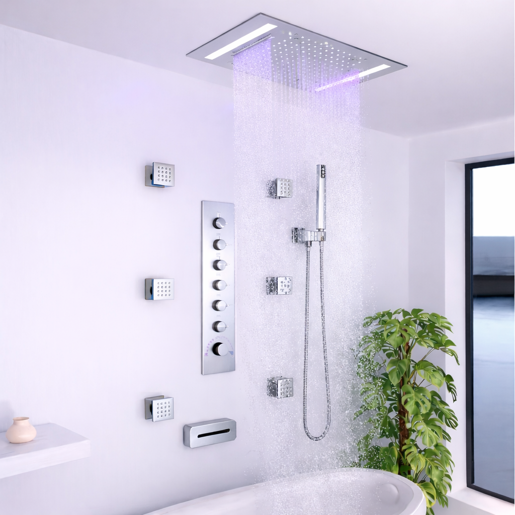 Luxury spa bathroom featuring ceiling mounted LED thermostatic shower system
