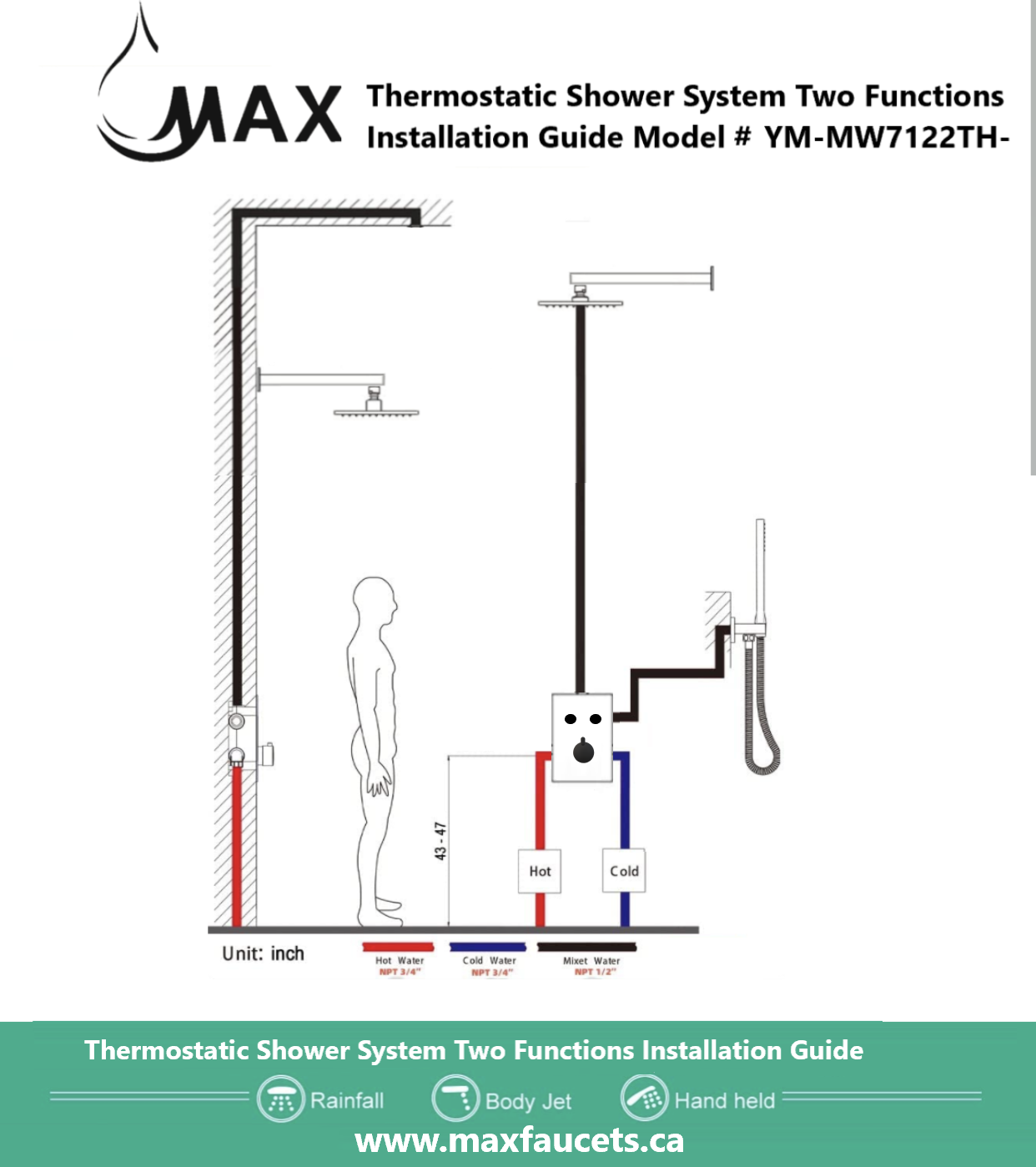 Thermostatic Shower System Set Two Function Valve installation pipe Brushed Nickel Finish