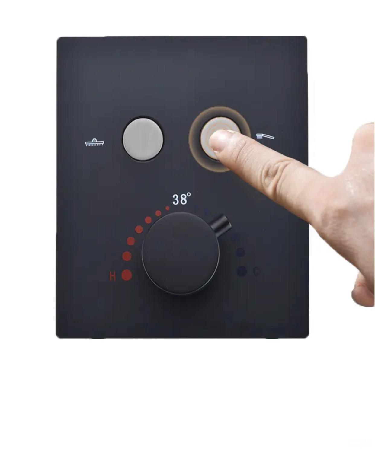 MAX Faucets matte black thermostatic shower system with 6 body jets and rainfall shower head