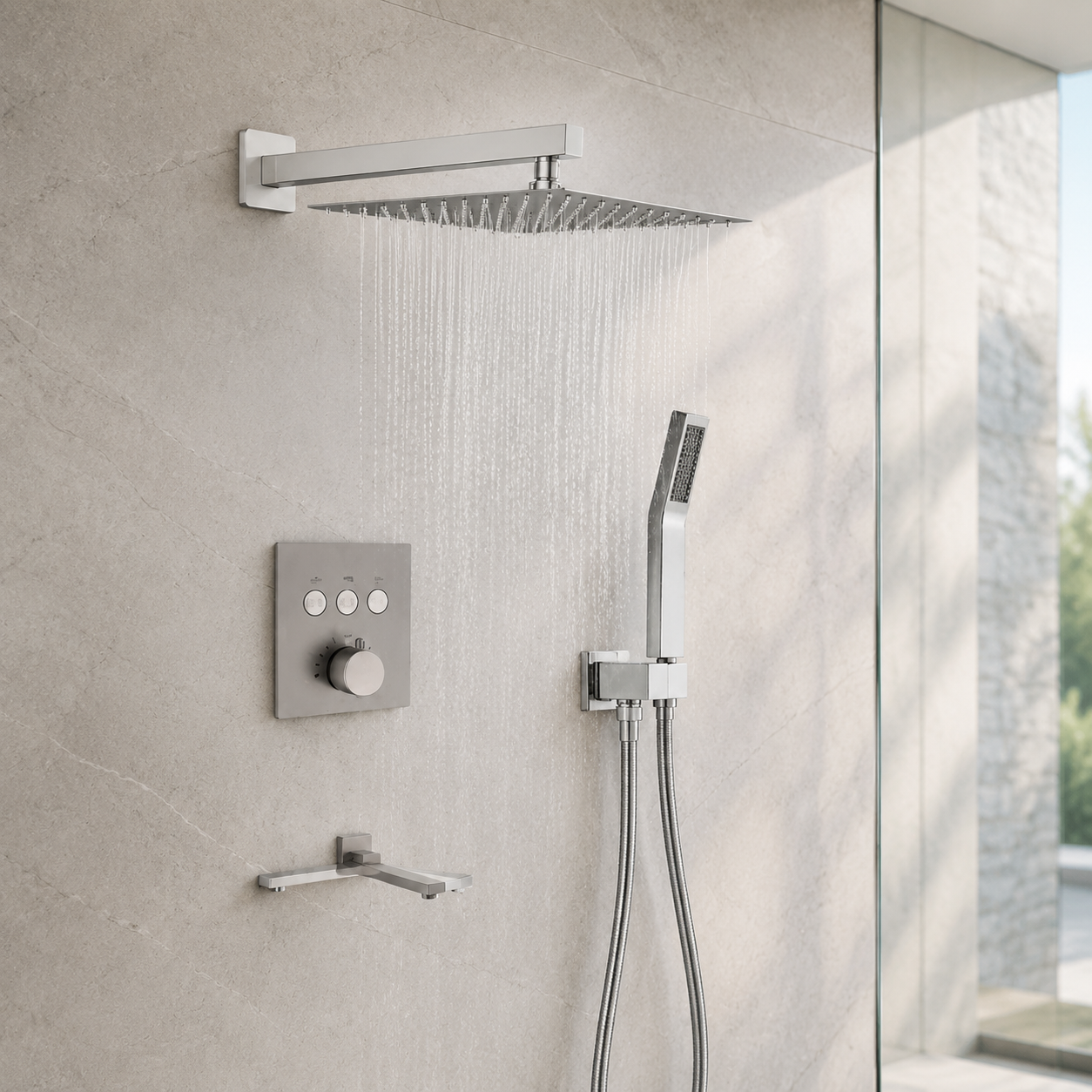A modern wall-mounted shower system installed in a tiled bathroom. The set includes a rectangular rain shower head with water flowing, a handheld shower attachment, a square control valve with three buttons, and a small towel bar, all in a brushed silver finish against light gray stone tiles.