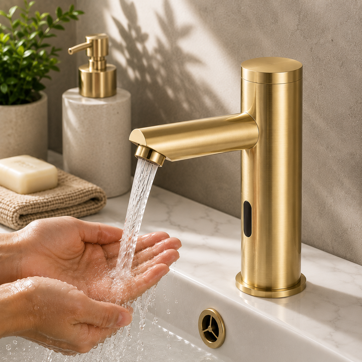 MAX Faucets hot and cold touchless bathroom faucet with thermostatic valve control in brushed gold finish