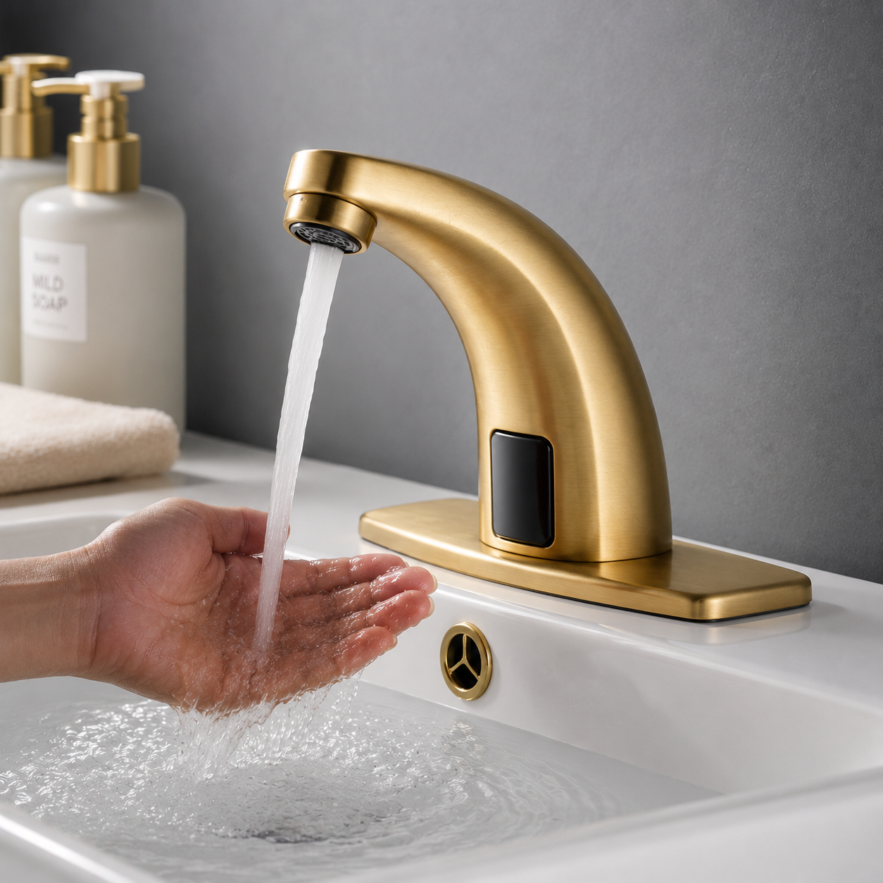 Front view of MAX Faucets touchless bathroom faucet in brushed gold finish