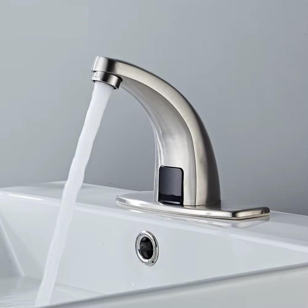 Front view of MAX Faucets touchless bathroom faucet in brushed nickel finish