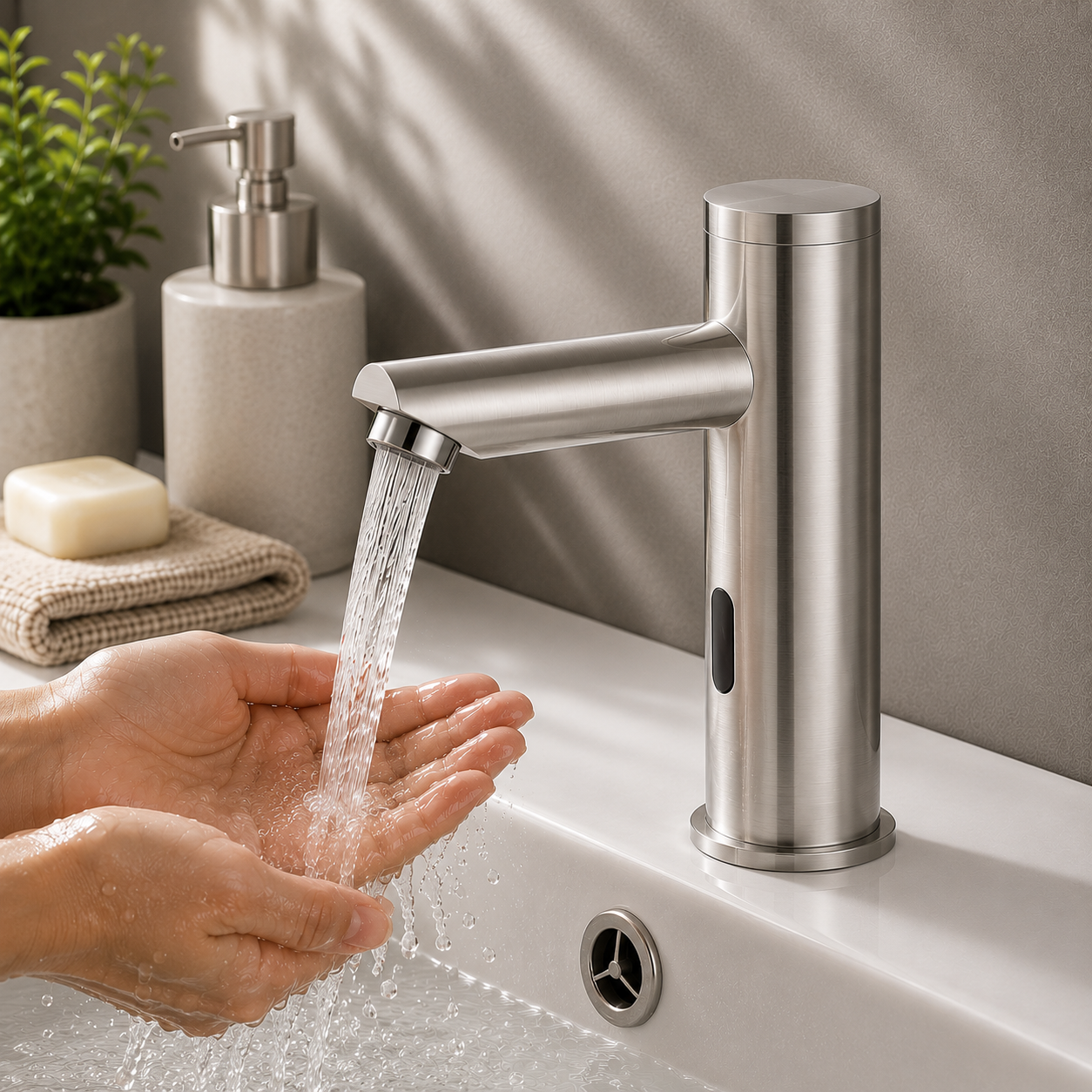 MAX Faucets hot and cold touchless bathroom faucet with thermostatic valve control in brushed nickel finish
