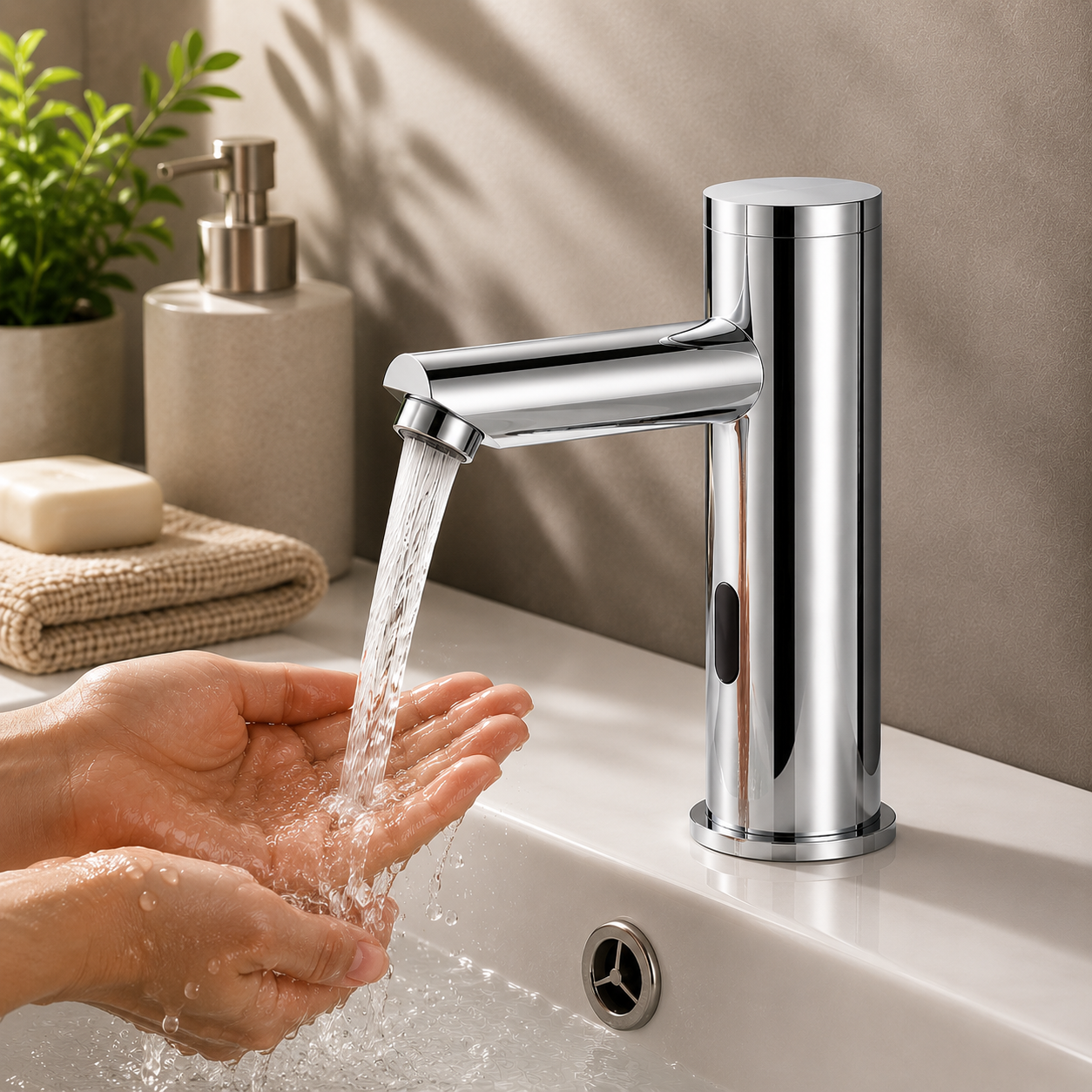 MAX Faucets hot and cold touchless bathroom faucet with thermostatic valve control in chrome finish