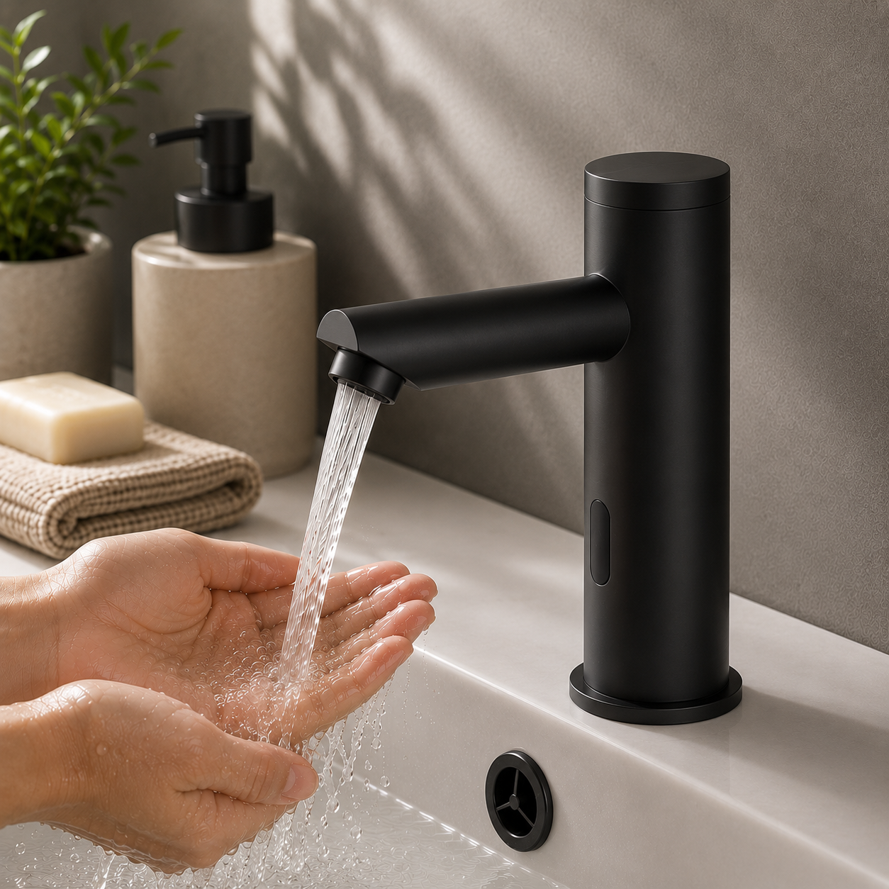 MAX Faucets hot and cold touchless bathroom faucet with thermostatic valve control in matte black finish