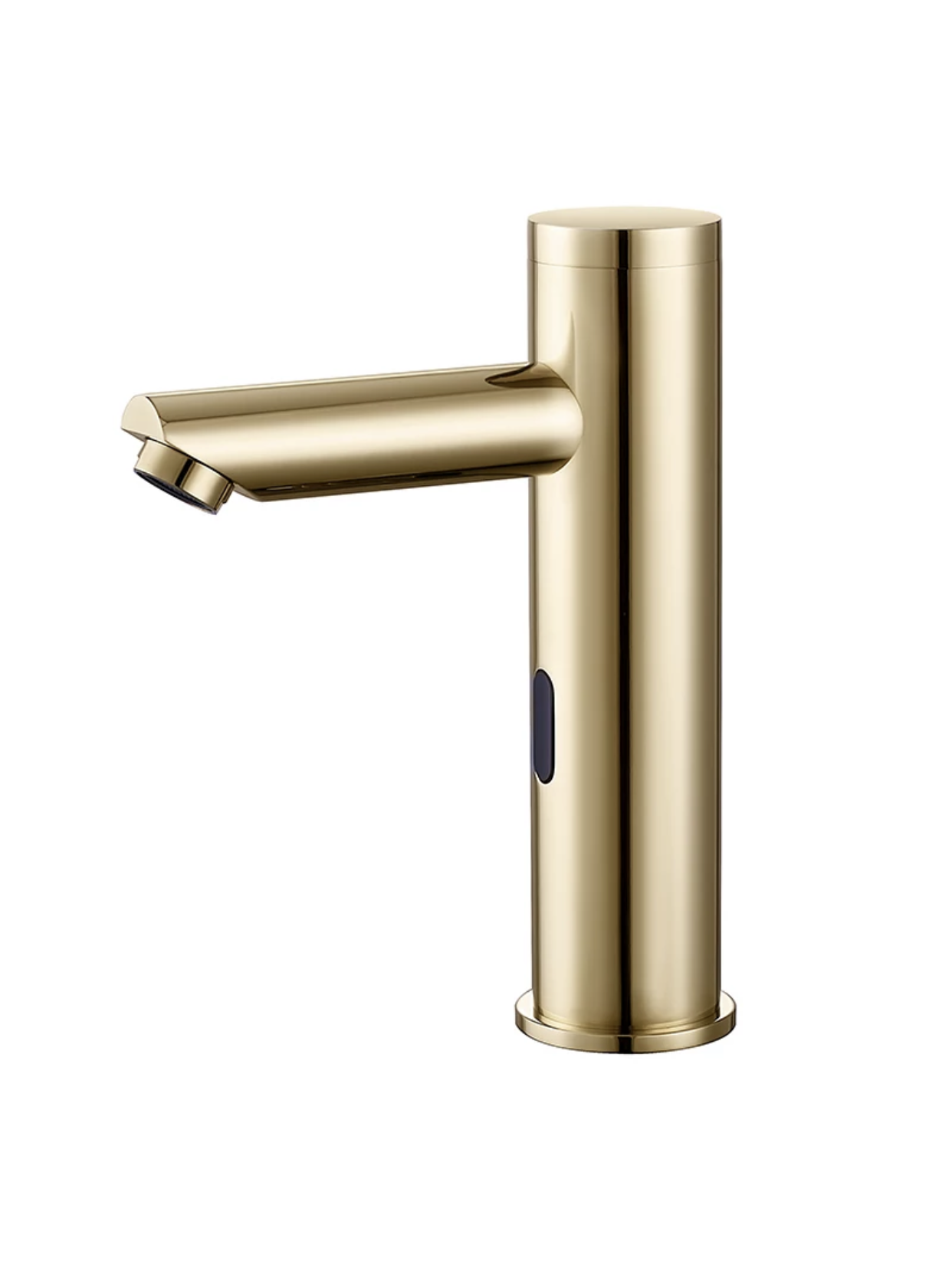 Brushed gold touchless bathroom faucet installed in a modern bathroom vanity