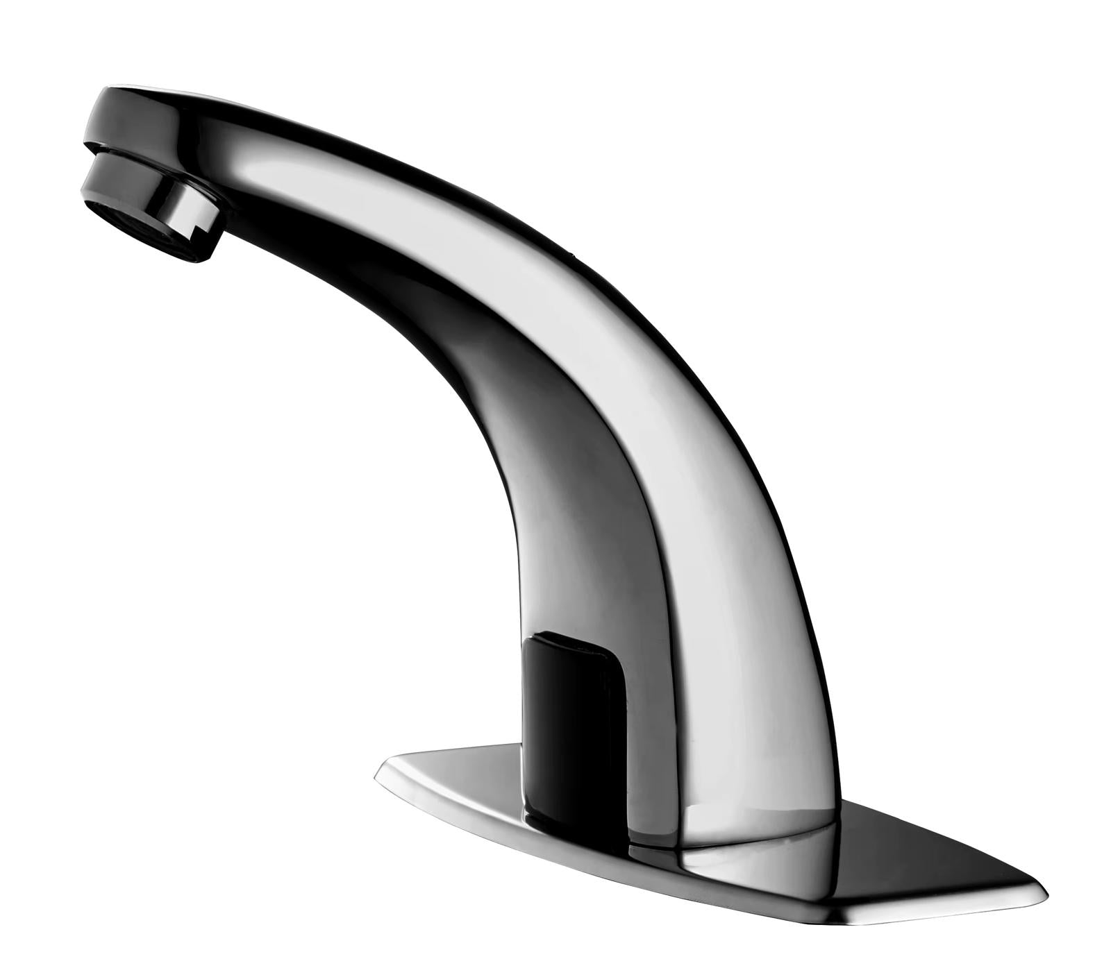 Brushed nickel touchless bathroom faucet installed in a modern bathroom vanity
