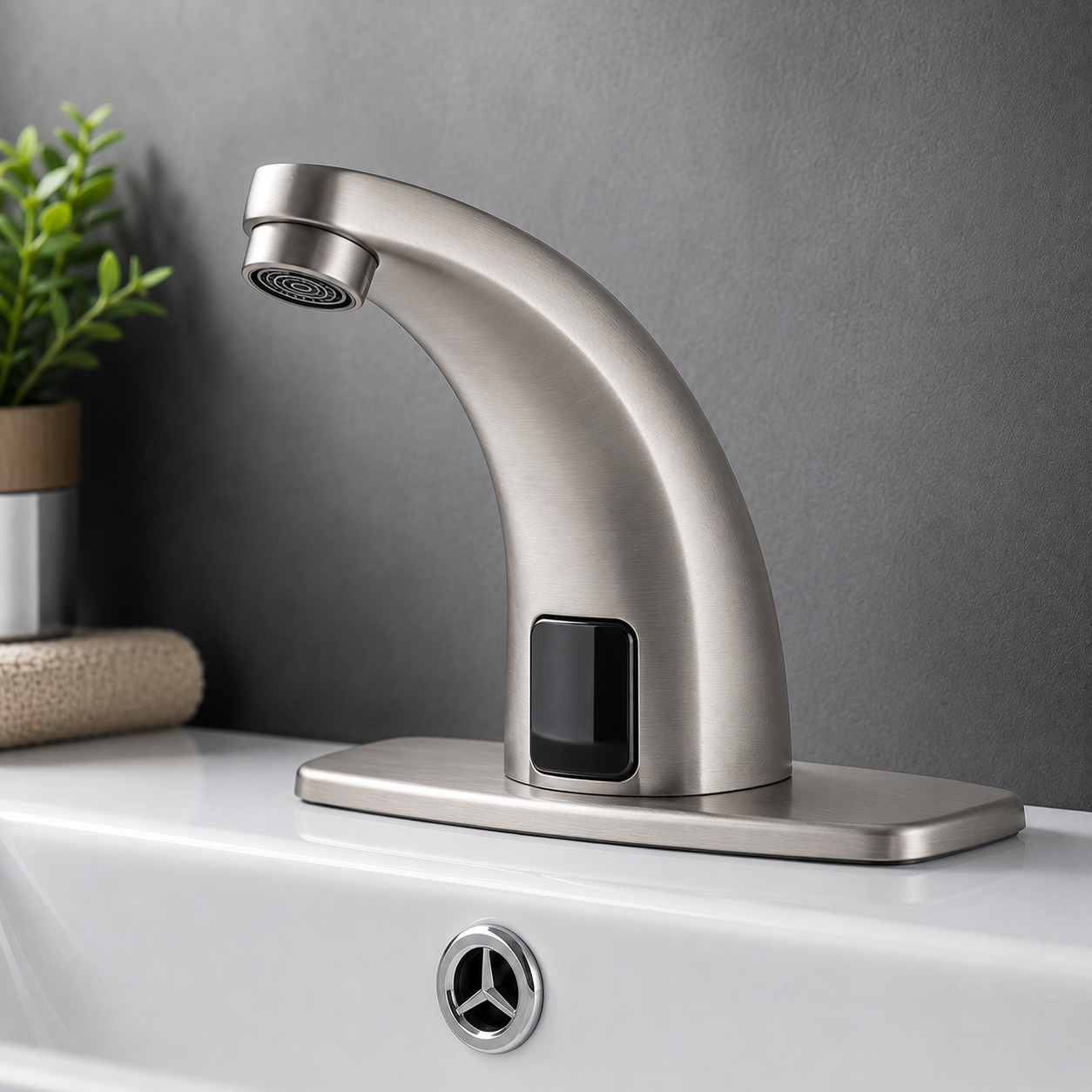 Brushed nickel touchless bathroom faucet installed in a modern bathroom vanity