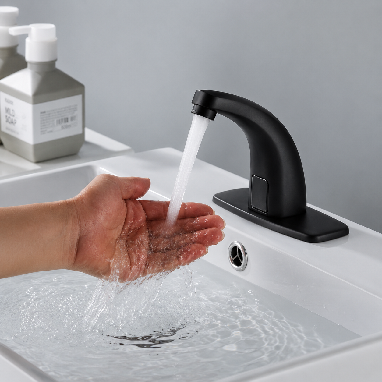 Front view of MAX Faucets touchless bathroom faucet in matte black finish