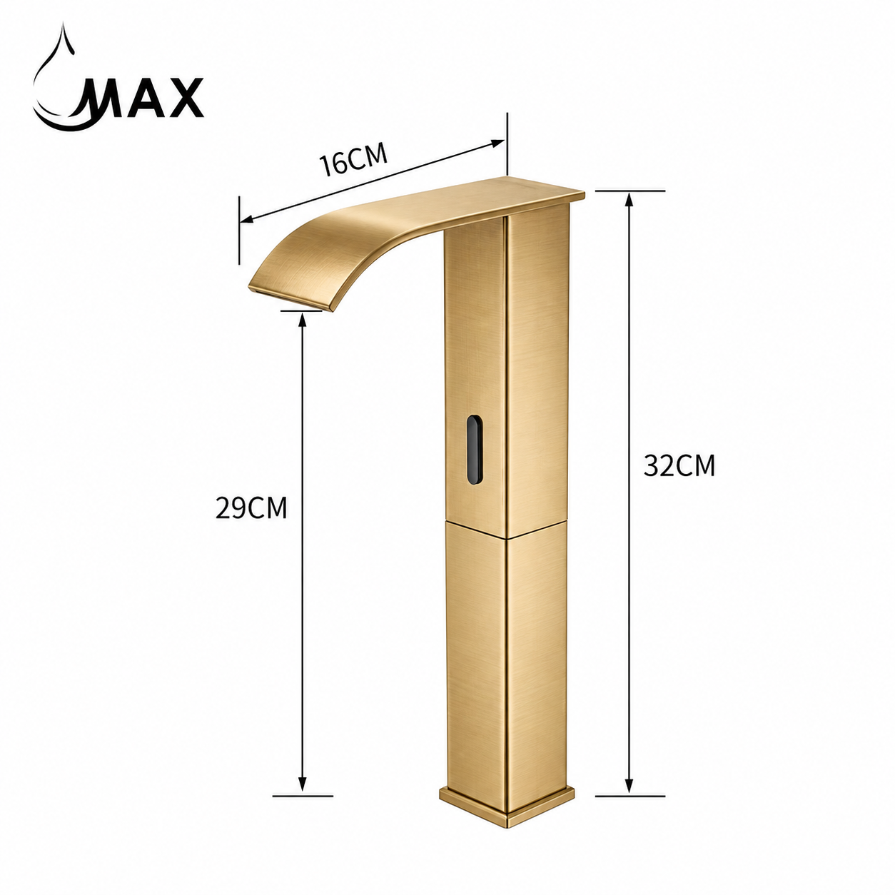 A brushed brass waterfall bathroom faucet with dimension annotations showing a 16cm nozzle width, 29cm height, and 32cm total height on a white background.