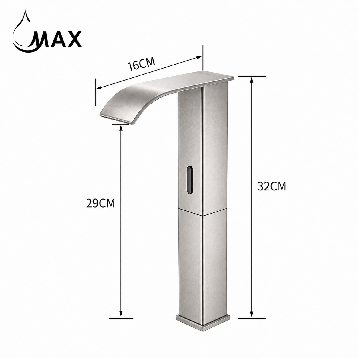 A brushed stainless steel waterfall bathroom faucet with dimension annotations showing a height of 32CM, a width of 16CM at the spout, and a total height of 29CM, on a white background with a MAX logo in the top left.