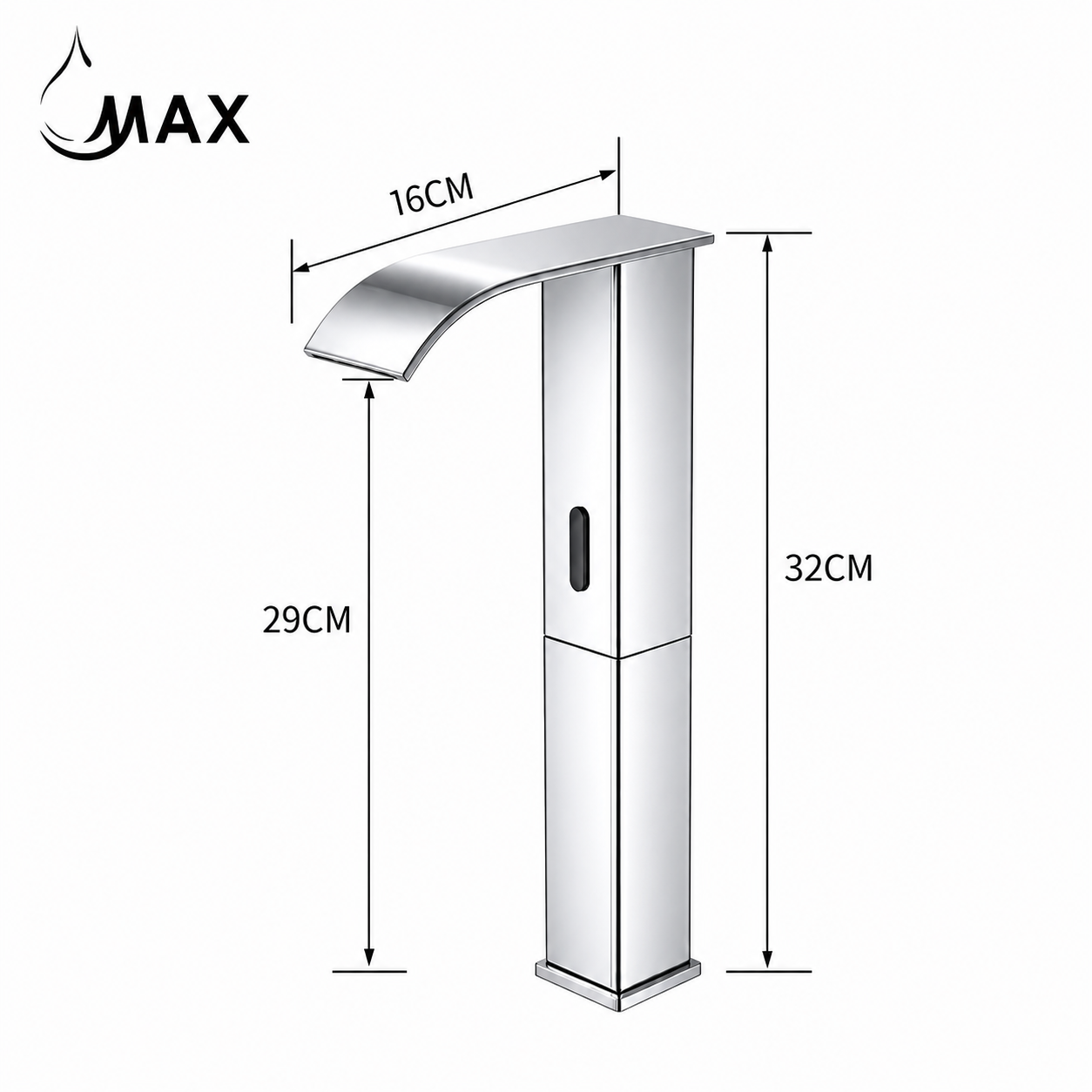 A chrome waterfall faucet with dimension annotations showing a height of 32CM, a spout width of 16CM, and a total height of 29CM, on a white background with a MAX logo in the top left.