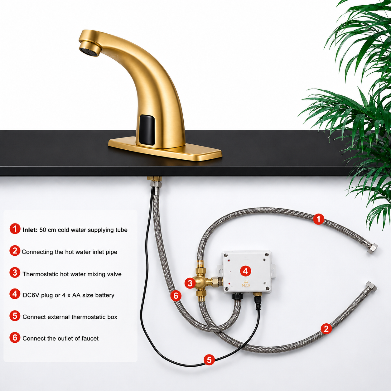 Brushed gold touchless bathroom faucet installation kit with thermostatic valve and supply hoses
