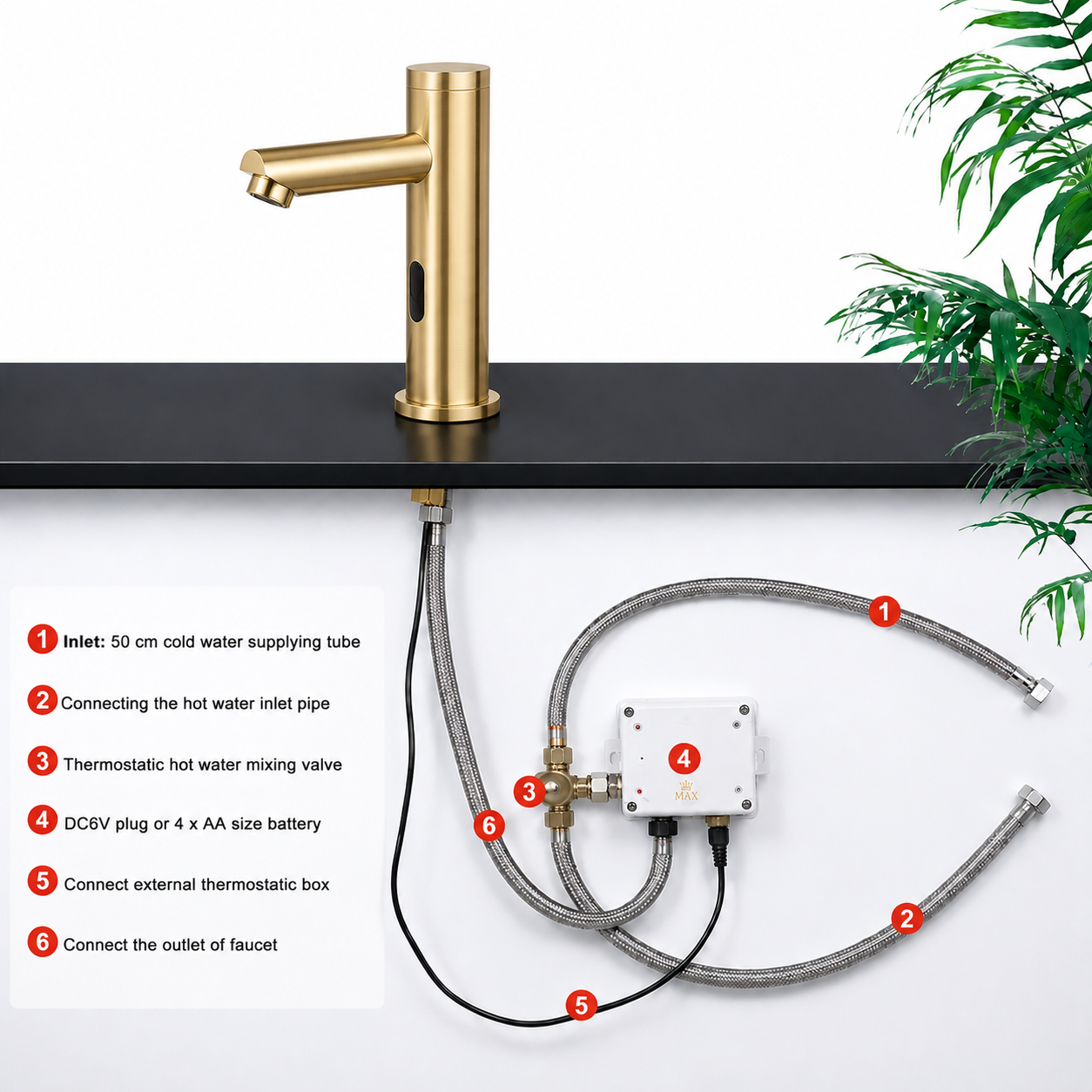 Brushed gold touchless bathroom faucet installation kit with thermostatic valve and supply hoses