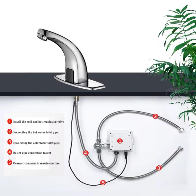 Touchless bathroom faucet installation kit with thermostatic valve and supply hoses