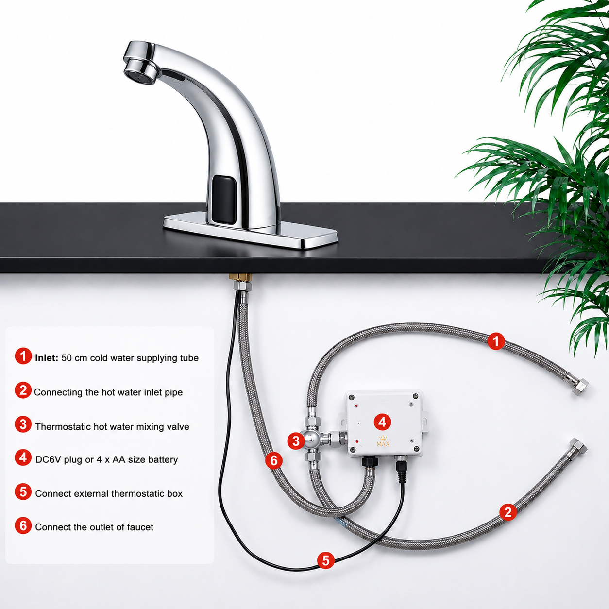 Chrome touchless bathroom faucet installation kit with thermostatic valve and supply hoses