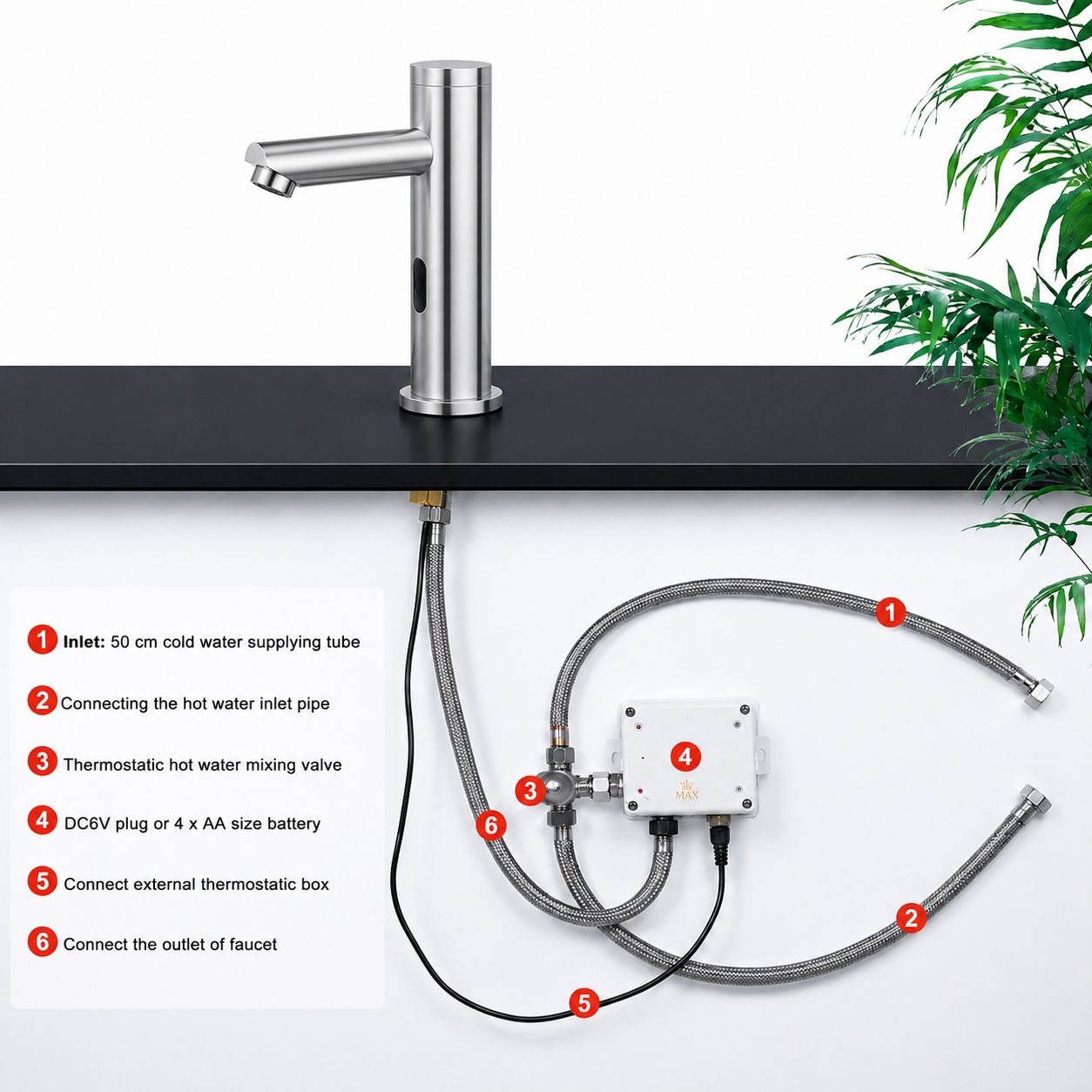 Chrome touchless bathroom faucet installation kit with thermostatic valve and supply hoses