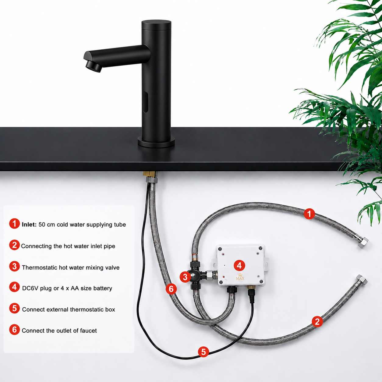 Matte black touchless bathroom faucet installation kit with thermostatic valve and supply hoses