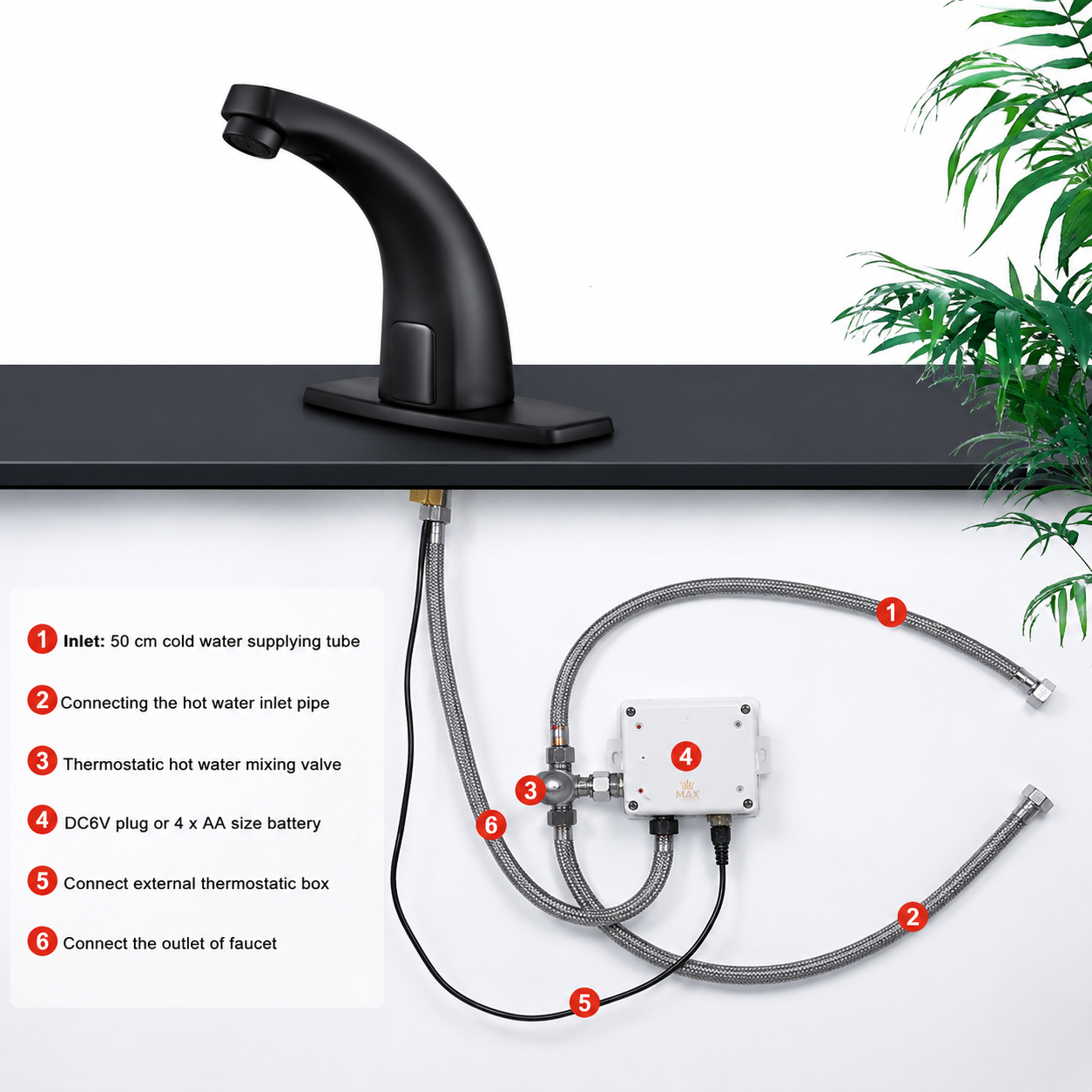 Touchless bathroom faucet installation kit with thermostatic valve and supply hoses