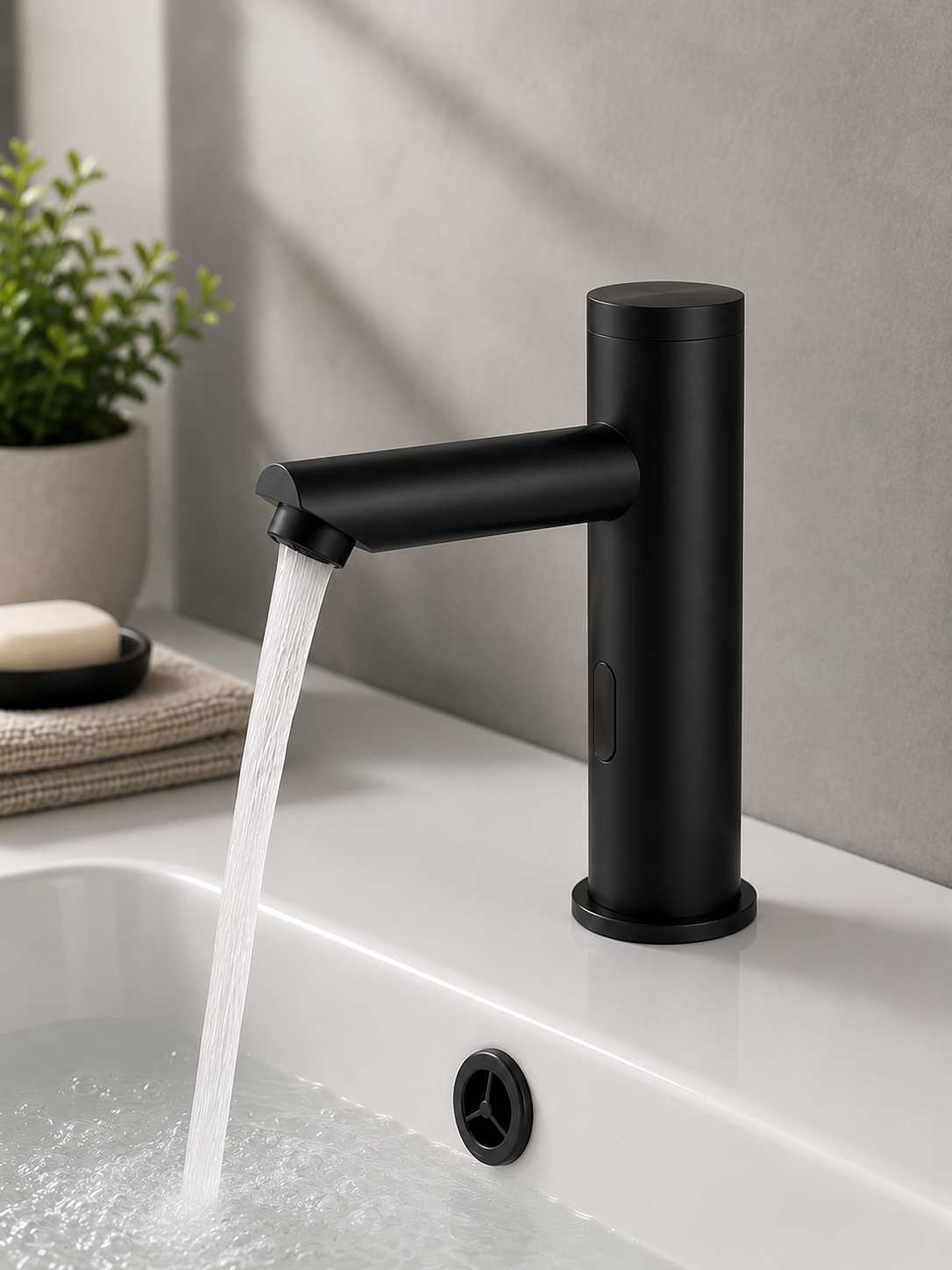 Matte black touchless bathroom faucet installed in a modern bathroom vanity