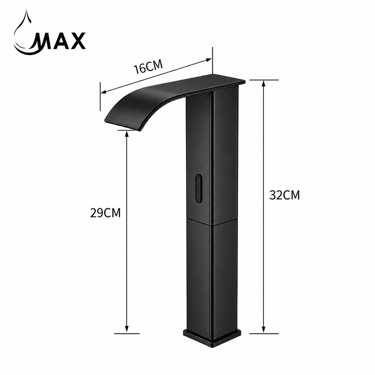 A tall black waterfall-style bathroom faucet shown on a white background with dimension lines and labels indicating 16CM width, 29CM height, and 32CM overall height. The word MAX appears in the upper left.