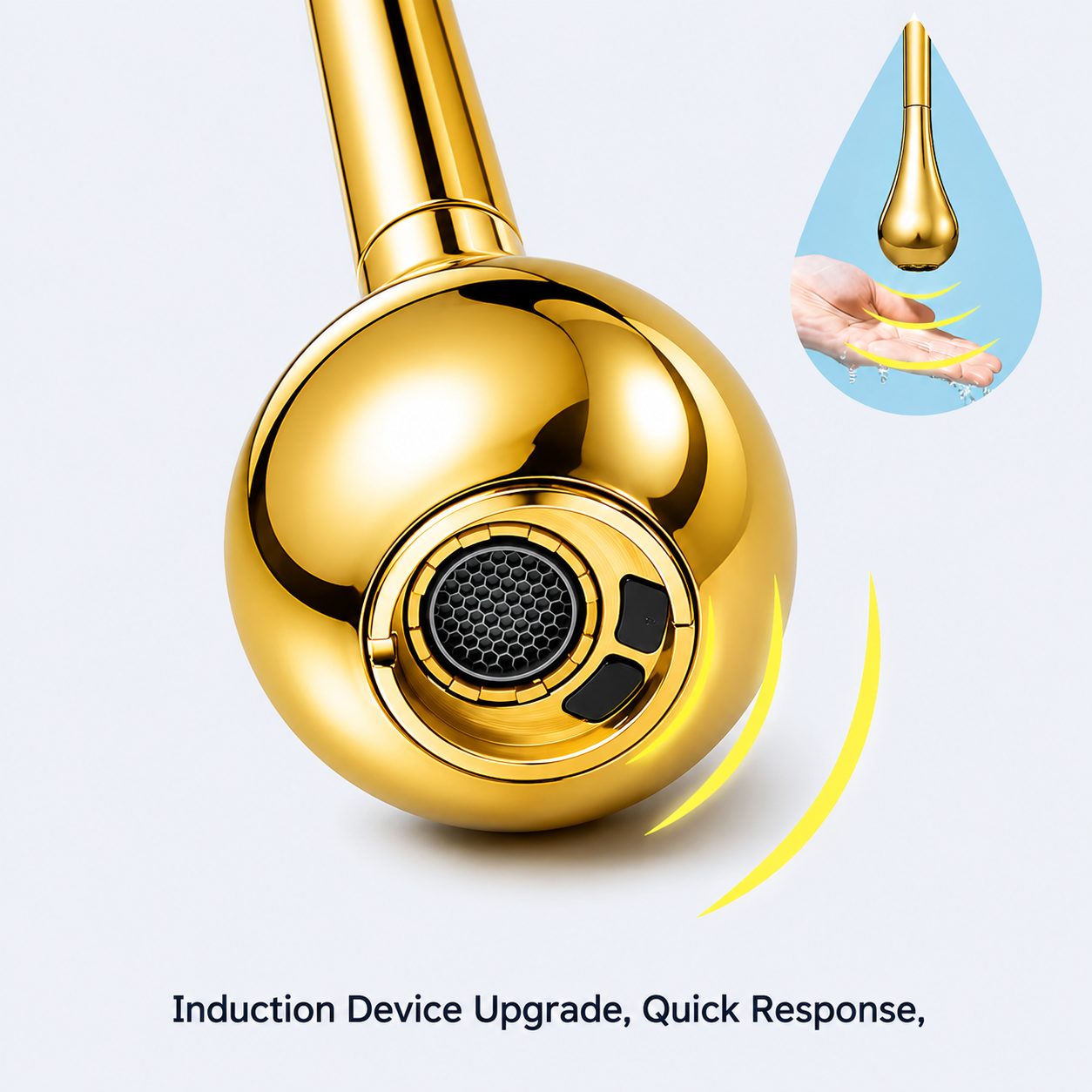 Close-up of MAX Faucets shiny gold touchless faucet head and sensor