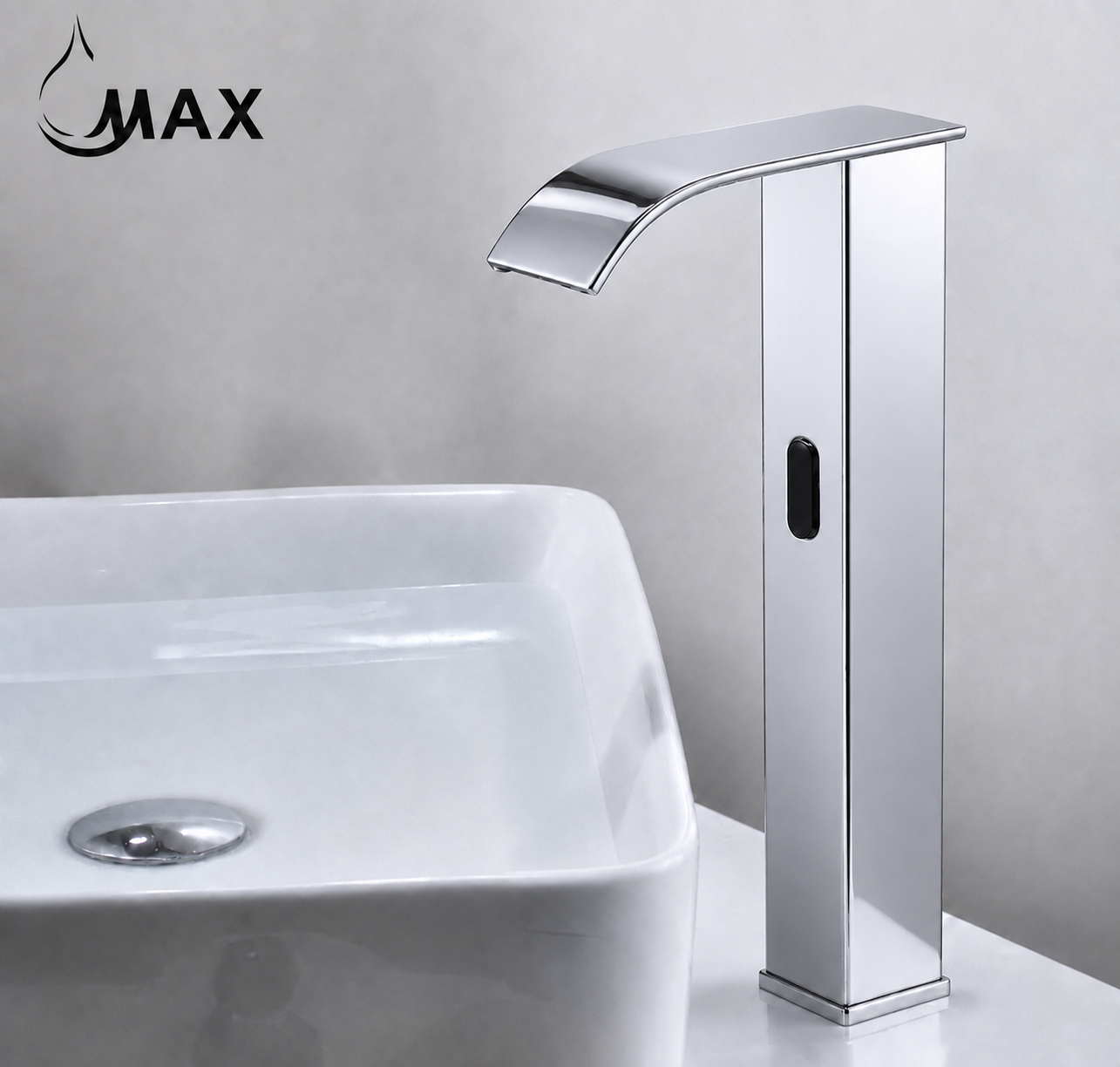 A modern chrome tall-spread basin faucet shown next to a white vessel sink against a light gray wall. The brand name 'MAX' is visible in the top left corner.