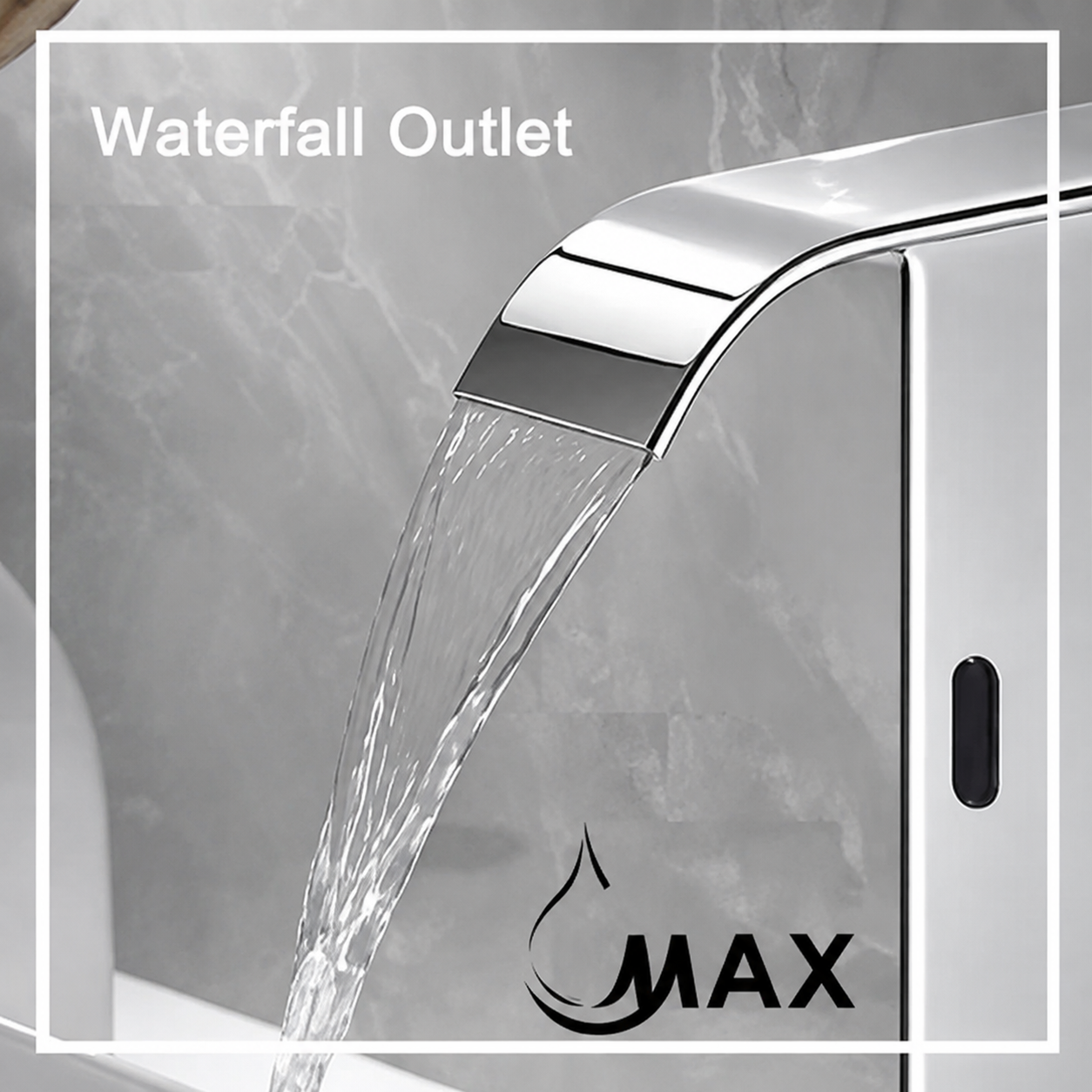 A close-up of a polished chrome waterfall faucet with water flowing from the spout, set against a gray marble-look background. White text at the top reads 'Waterfall Outlet' and a black 'MAX' logo appears near the bottom.