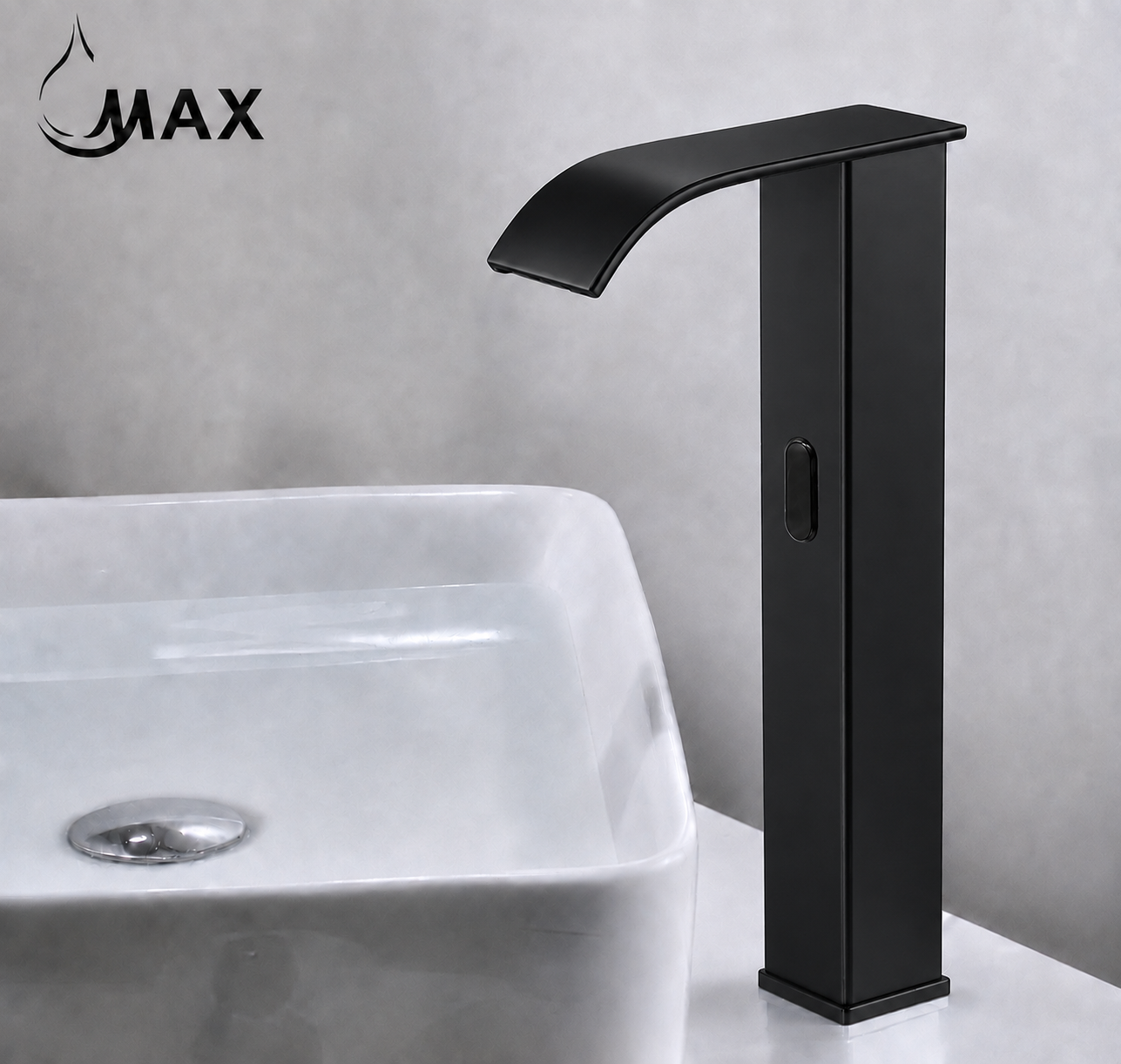 A matte black high-arc single-handle bathroom faucet shown next to a white ceramic vessel sink against a gray wall. The brand name 'MAX' is visible in the top left corner.