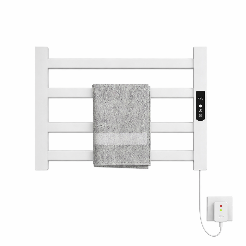 White electric towel warmer rack with power adapter and cord connected to wall outlet